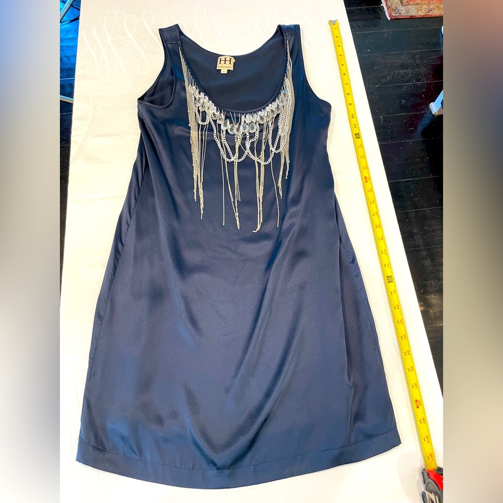 Haute Hippie 100% Silk jeweled navy blue dress.